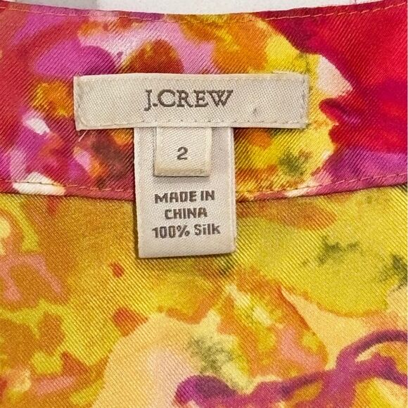 J. Crew | Yellow Pink Floral Print Silk Asymmetric Tie Women’s Sleeveless Blouse - Picture 12 of 13
